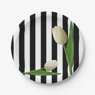 Paper Plates, Black & White Stripe Tulip Floral Paper Plate