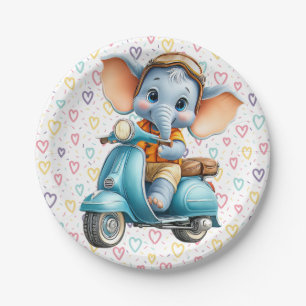 Paper Plates, Blue Elephant Scooter Colorful Heart Plate