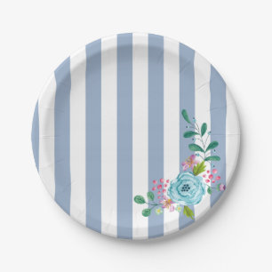 Paper Plates, Blue Stripe Blue Floral Flowers Paper Plate