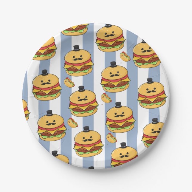 Paper Plates, Blue & White Stripe Hotdog Hamburger Paper Plate (Front)
