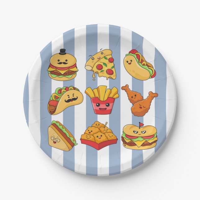 Paper Plates, Blue & White Tacos Stripe Birthday Plate (Front)
