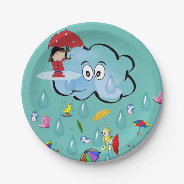 Paper Plates, Clouds Penguin Red Umbrella Plate (Front)