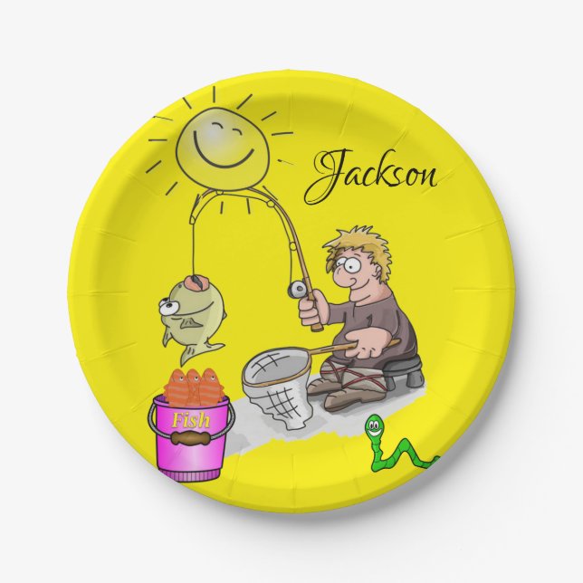 Paper Plates, Fisherman Sun Fish Yellow Plate (Front)