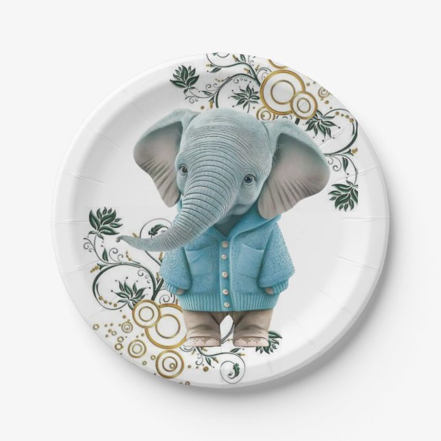 Paper Plates, Floral Blue Elephant  Plate (Front)