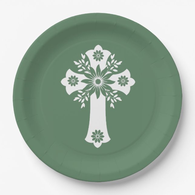 Paper Plates Floral Cross Fern Green (Front)