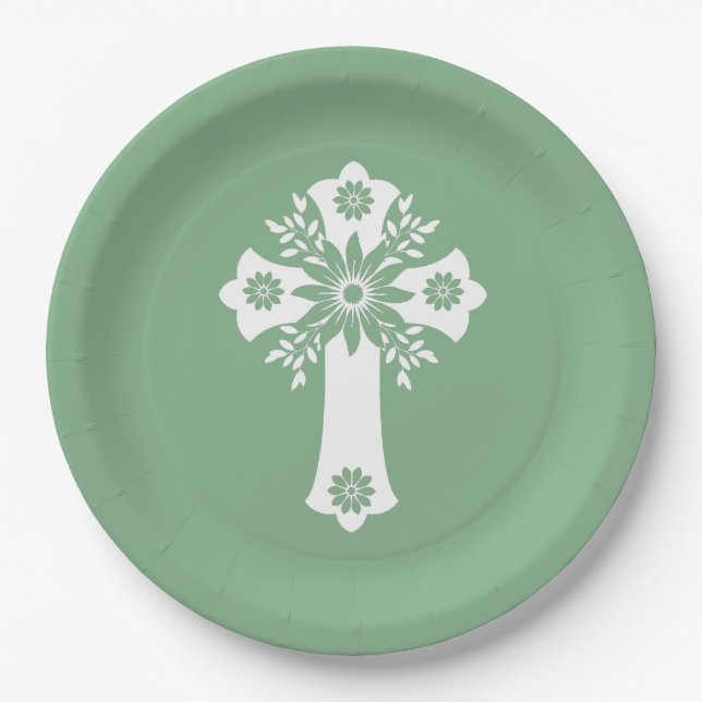 Paper Plates Floral Cross Sage Green (Front)