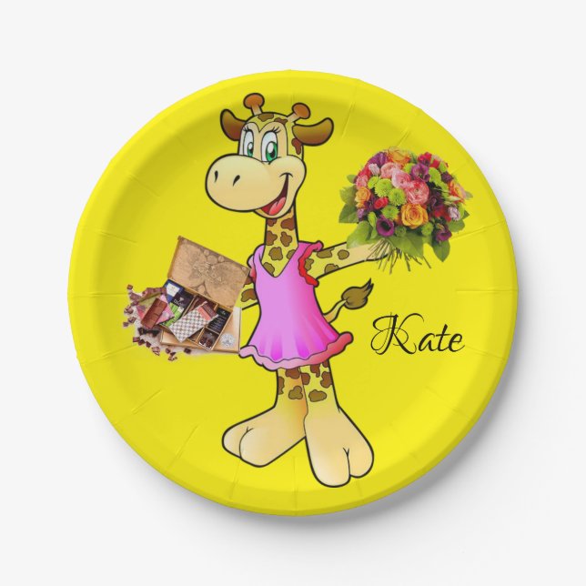 Paper Plates, Giraffe Floral Chocolate Yellow Plate (Front)