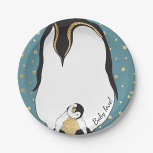 Paper Plates "Gold Baby & Mummy Penguins Blue"