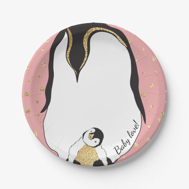 Paper Plates "Gold Baby & Mummy Penguins Pink" (Front)