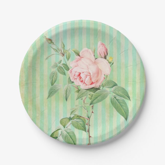 Paper Plates, Green Stripe Floral Pink Rose Plate (Front)