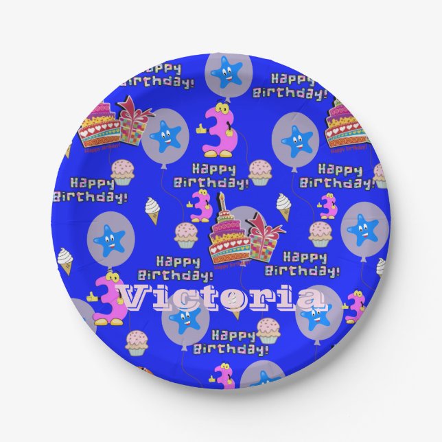 Paper Plates, Happy 3rd Birthday #3 Balloons Plate (Front)