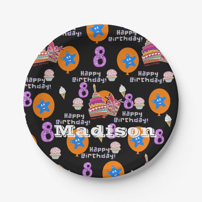 Paper Plates, Happy 8th Birthday #8 Balloons Paper Plate (Front)