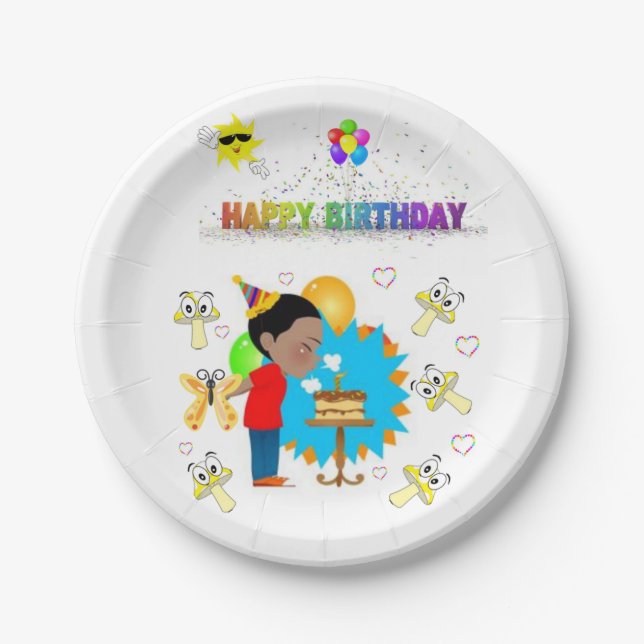 Paper Plates, Happy Birthday African Boy Mushrooms Plate (Front)