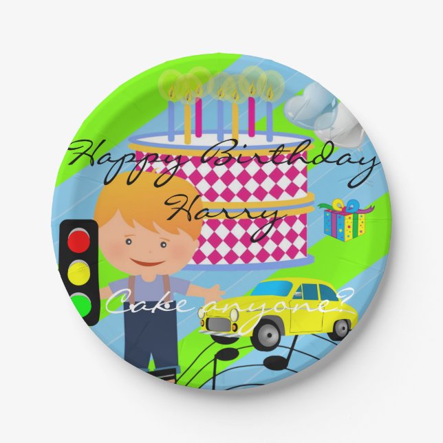 Paper Plates, Happy Birthday Boy Cake Car Paper Plate (Front)