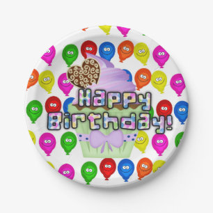 Paper Plates, Happy Birthday Cupcake Balloons Paper Plate