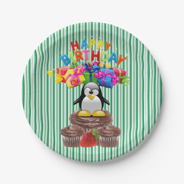 Paper Plates, Happy Birthday Penguin Stripe Paper Plate (Front)
