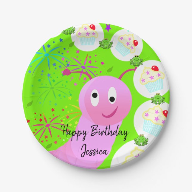 Paper Plates, Happy Birthday Pink Fairy Worm Plate (Front)
