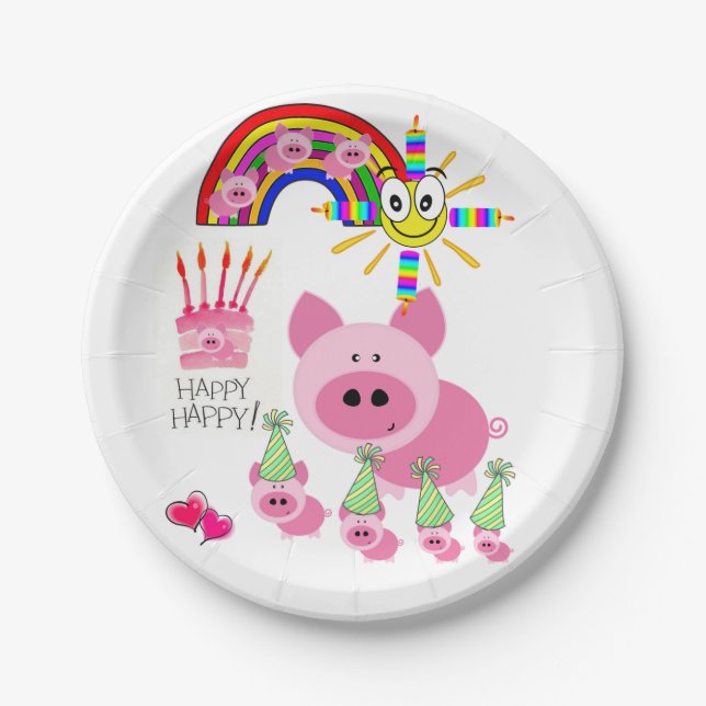 Paper Plates, Happy Birthday Pink Pig Paper Plate (Front)