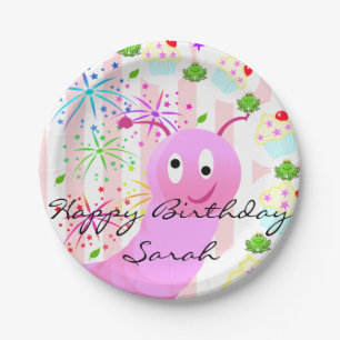 Paper Plates, Happy Birthday Pink Worm Cupcake Plate