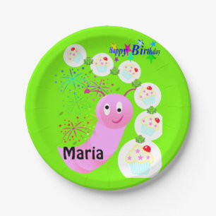 Paper Plates, Happy Birthday Pink Worm Cupcakes Plate