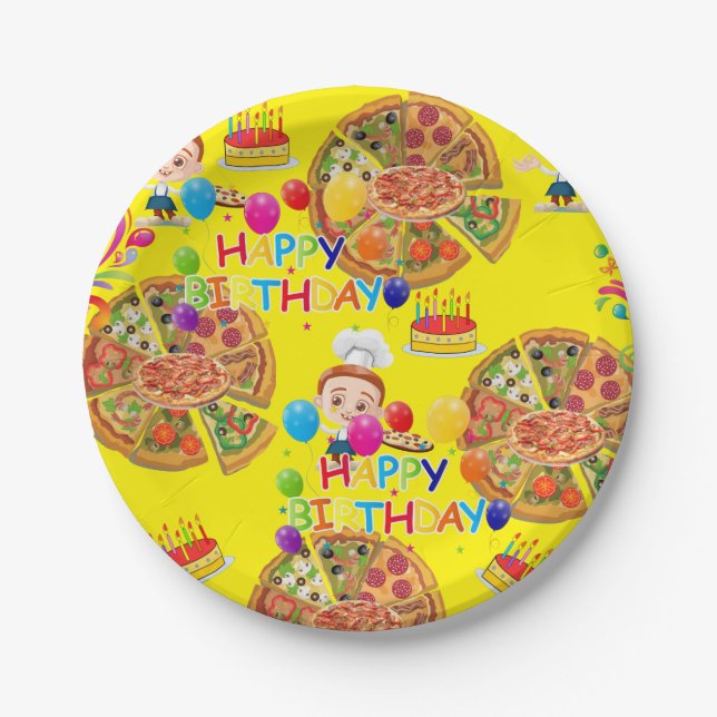 Paper Plates, Happy Birthday Pizza Party Plate (Front)