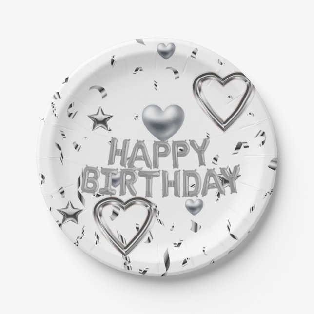 Paper Plates, Happy Birthday Silver Hearts Plate (Front)