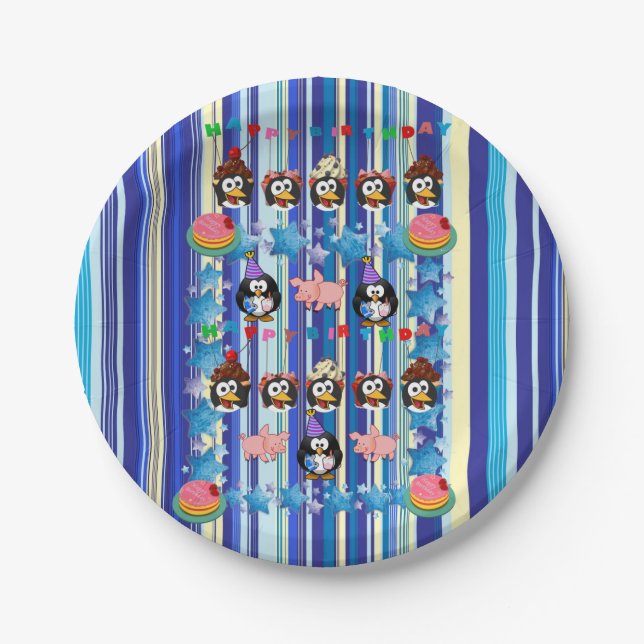 Paper Plates, Happy Birthday Stripe Penguin Paper Plate (Front)