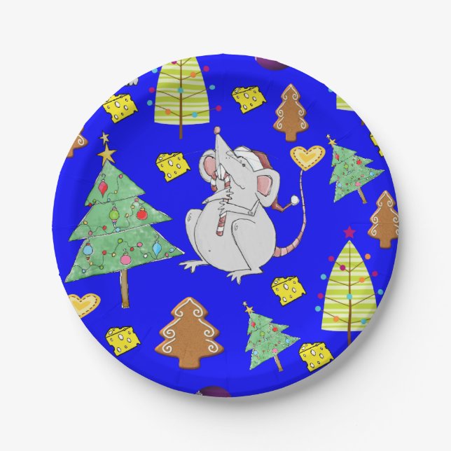 Paper Plates, Merry Christmas Blue Mouse Cheese Paper Plate (Front)