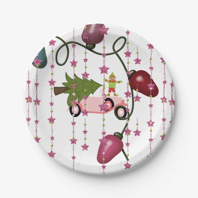 Paper Plates, Merry Christmas Pink Car Elf Plate (Front)