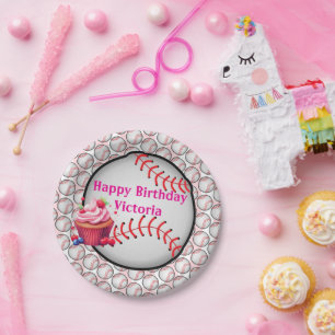 Paper Plates, Pink  White Stripe Birthday Baseball Plate
