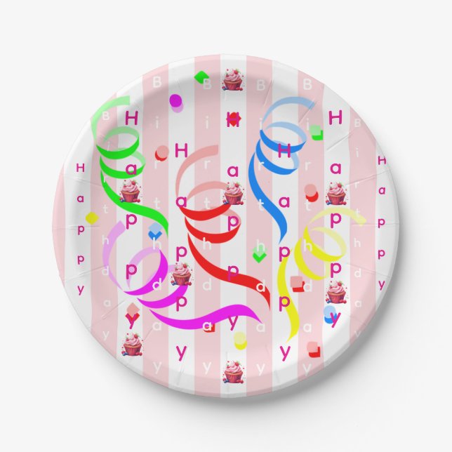 Paper Plates, Pink & White Stripe Birthday Paper Plate (Front)