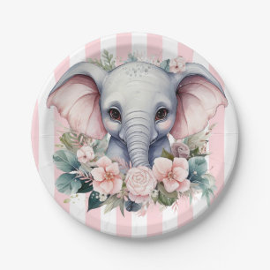 Paper Plates, Pink & White Stripe Elephant Plate