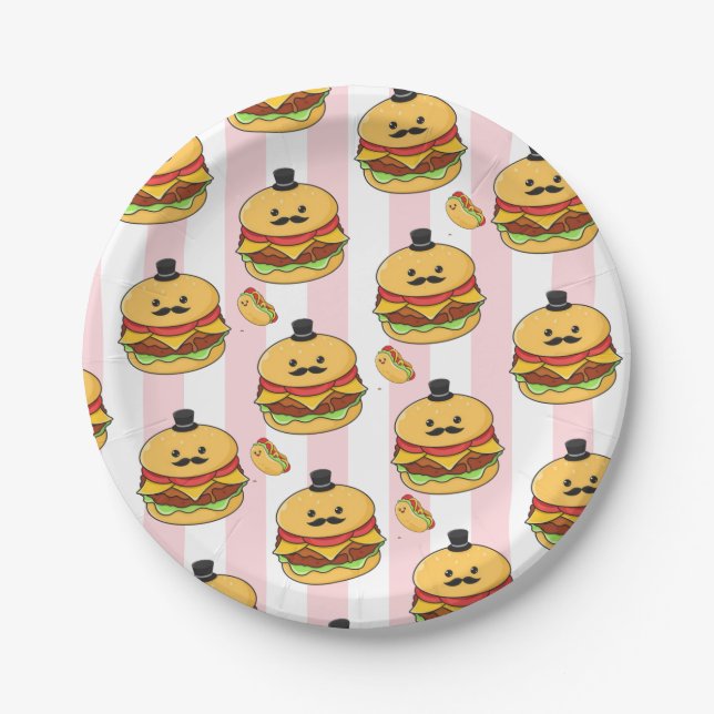Paper Plates, Pink & White Stripe Hotdog Hamburger Plate (Front)