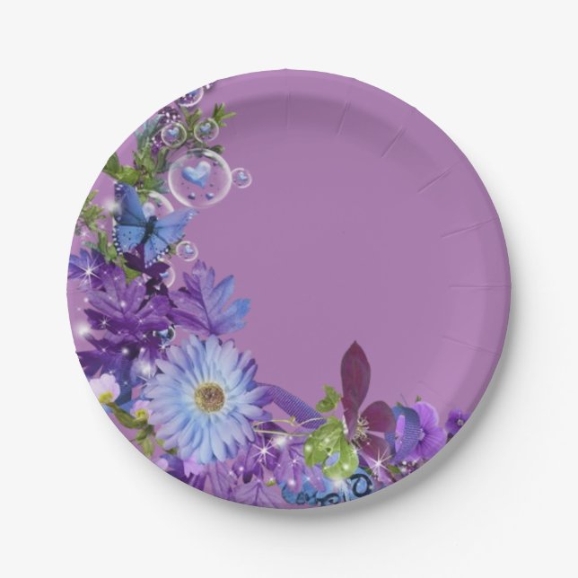 Paper Plates, Purple Floral Flowers Paper Plate (Front)
