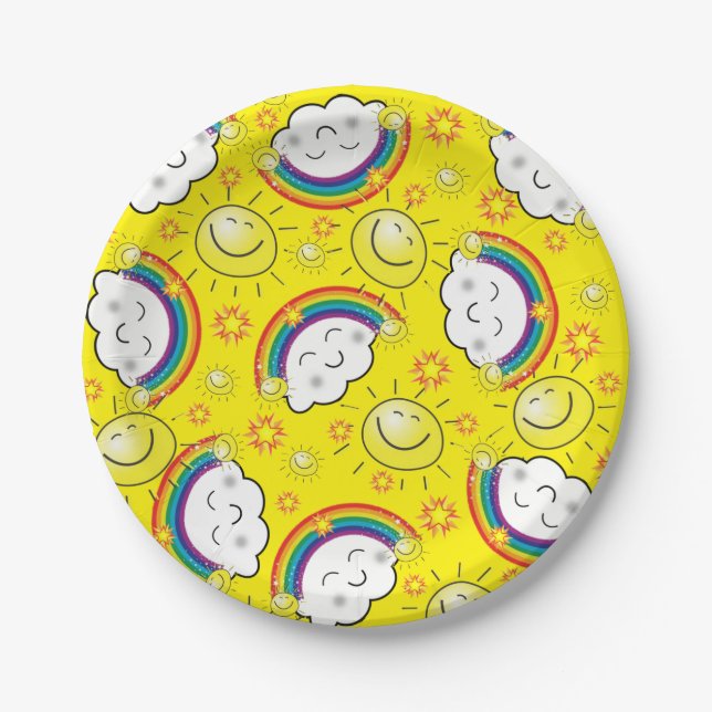 Paper Plates, Rainbow Stars Clouds Yellow Plate (Front)