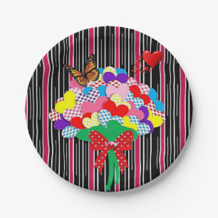 Paper Plates Red Hearts Love Victorian Stripe 