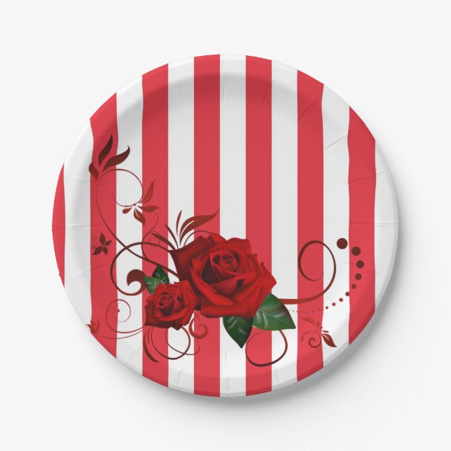 Paper Plates, Red & White Stripe Red Rose Floral Plate (Front)