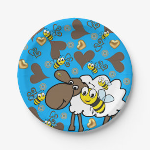 Paper Plates, Sheep Bee Brown Hearts Blue Plate