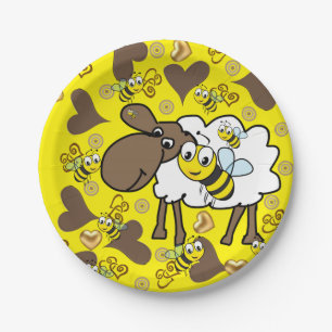 Paper Plates, Sheep Bumblebee Brown Hearts Yellow Plate