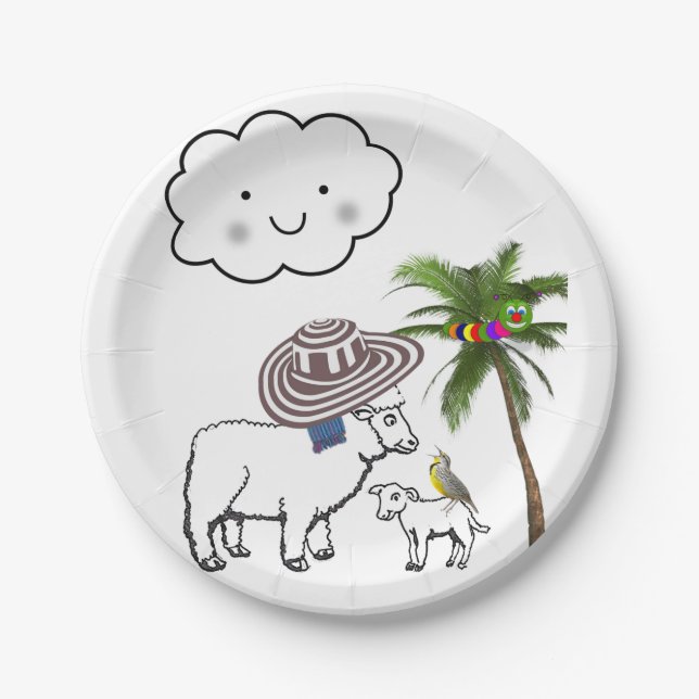 Paper Plates, Sheep Cloud Sombrero Palm Tree Plate (Front)