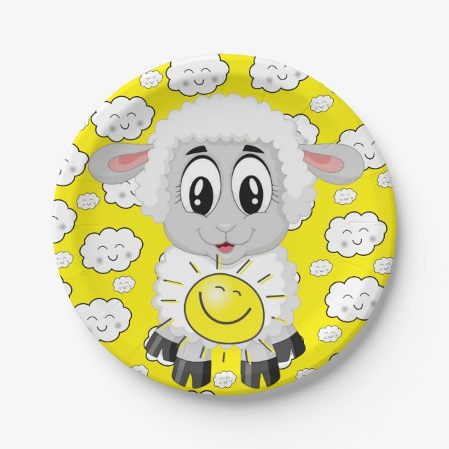 Paper Plates, Sheep Sun Clouds Yellow Paper Plate (Front)