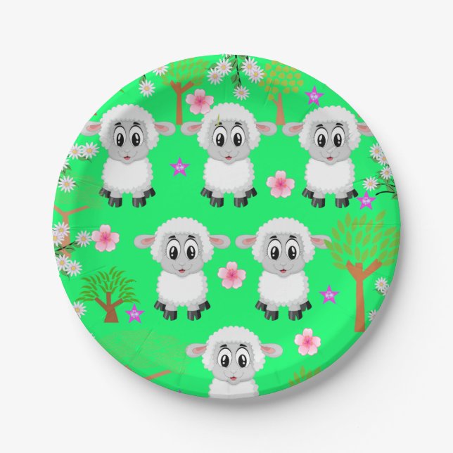 Paper Plates, Sheep Trees Floral Green Paper Plate (Front)