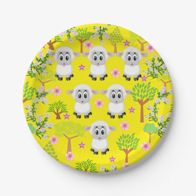 Paper Plates, Sheep Trees Floral Yellow Paper Plate (Front)