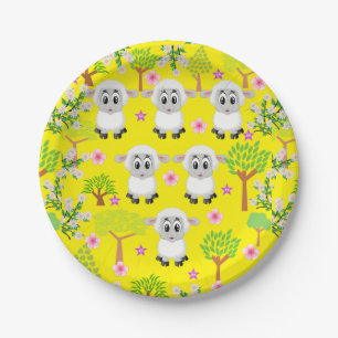 Paper Plates, Sheep Trees Floral Yellow Plate