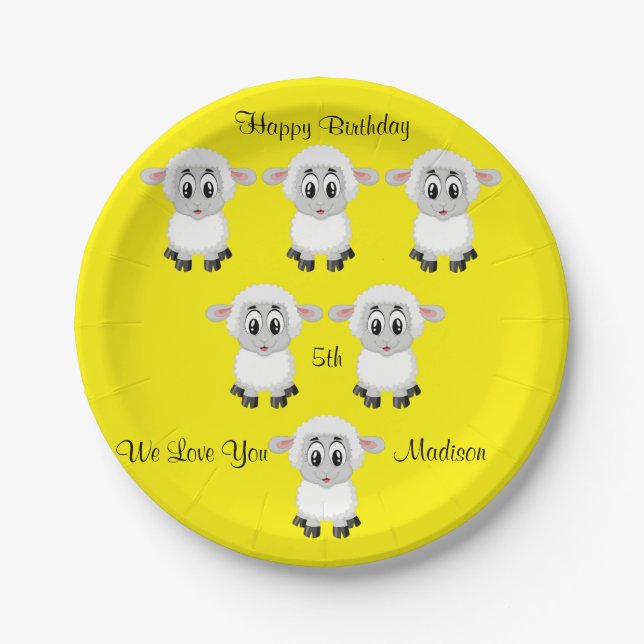 Paper Plates, Sheep Yellow Happy Birthday 5th Paper Plate (Front)