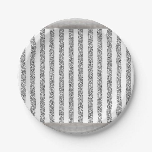 Paper Plates, Silver Grey & White Stripe Plate (Front)