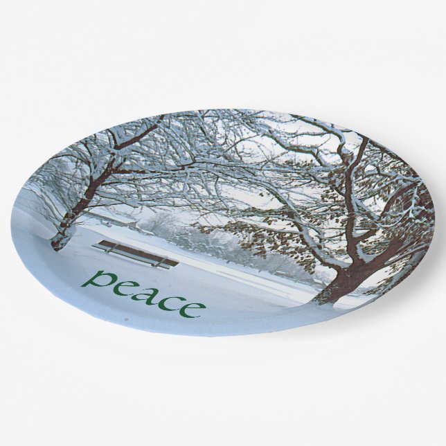 paper plates, SNOW-COVERED PARK/LONE BENCH/"PEACE" Plate (Angled)