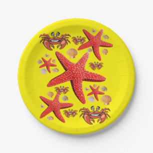 Paper Plates, Starfish Crabs Yellow Red Plate