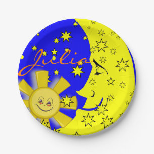 Paper Plates, Sun Moon Yellow Stars Blue Paper Plate