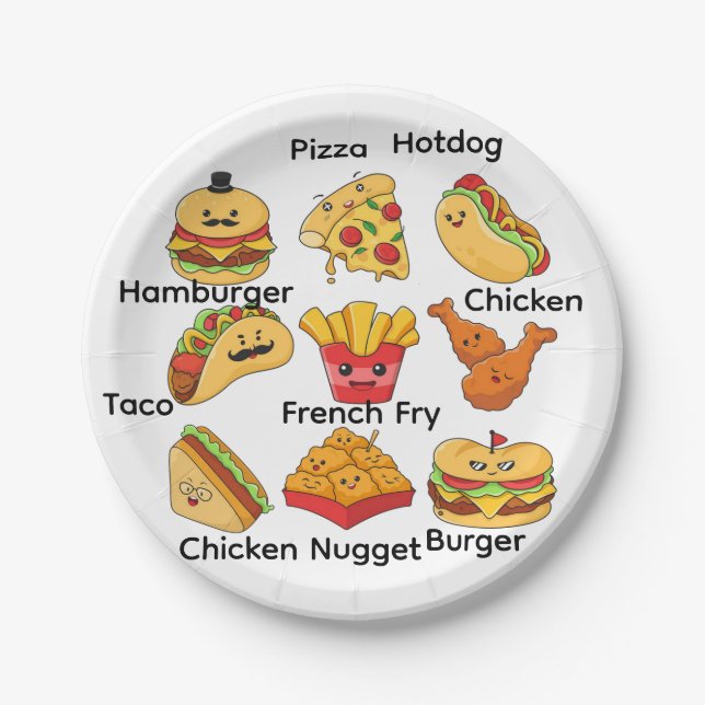 Paper Plates, Tacos, Hamburger Chicken, French Fry Plate (Front)